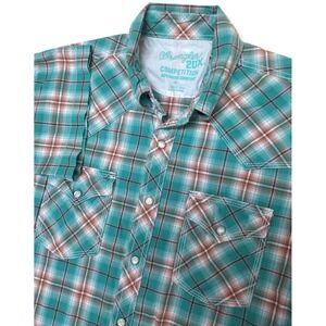 Wrangler 20X Shirt Mens Medium Green Plaid Short Sleeve Western Pearl Snap